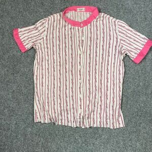 VTG Celine Button Up Shirt Womens 40 Pink Nautical Rope Vintage Short Sleeve